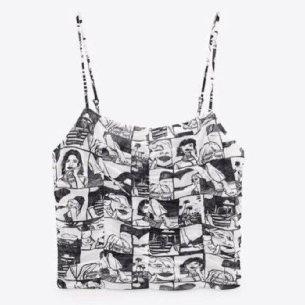 Zara Comic Top Black White Mesh Tulle Crop Adjustable Strap Size M